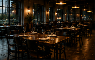 Upscale restaurant dining room with warm lighting