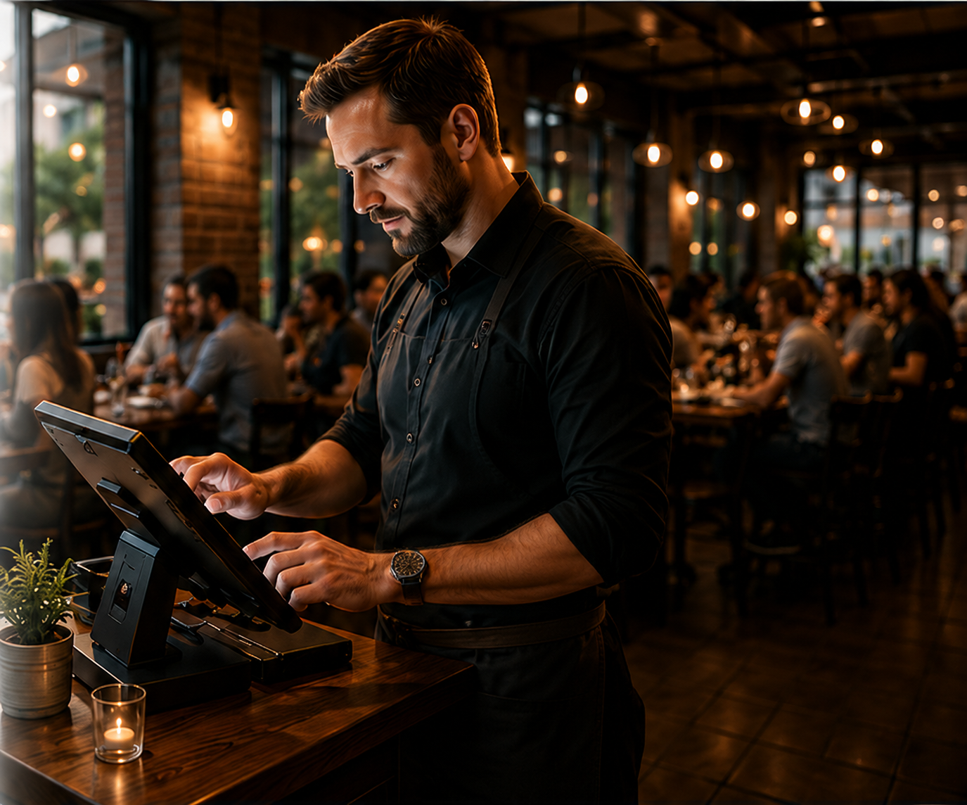 Restaurant manager using a touchscreen POS system in a warm, busy dining room